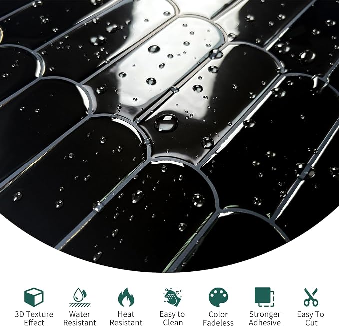 10-Sheet Upgraded Thicker Peel and Stick Kitchen Backsplash Tiles | Waterproof Self-Adhesive Vinyl Wall Tile Stick on Backsplash for Kitchen,Bathroom,Fireplace and RV(Black,12"×12")