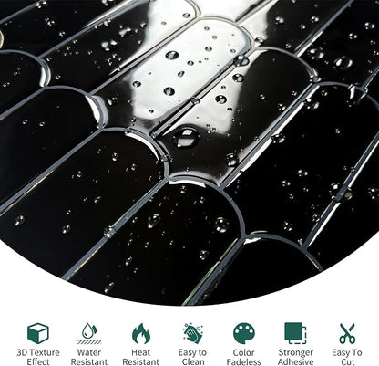 10-Sheet Upgraded Thicker Peel and Stick Kitchen Backsplash Tiles | Waterproof Self-Adhesive Vinyl Wall Tile Stick on Backsplash for Kitchen,Bathroom,Fireplace and RV(Black,12"×12")