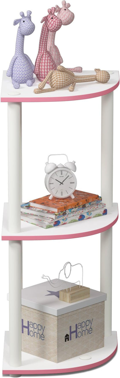 Furinno TURN-N-TUBE Corner Shelf, 3-Tier Corner Bookshelf, Display Storage Shelves with Open Shelves, for Organization and Storage, Living Room, Home Office, Garage, Pink