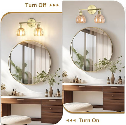 Vintage Bathroom Light Fixtures,2-Light Hardwired Vanity Lights with Amber Tulip Glass Shade,Gold Bathroom Vanity Light for Mirror Restroom,E26 Socket,14.57 in(Bulbs Not Included)