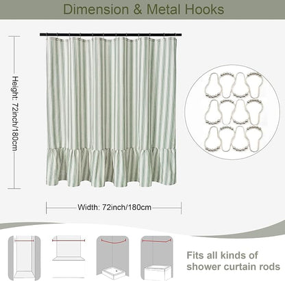 ORTIGIA Linen Textured Ruffle Shower Curtain 72x72 Inch with Metal Hooks, Vintage Cream-Green Waterproof Bath Curtain for Rustic Farmhouse Bathroom Decor