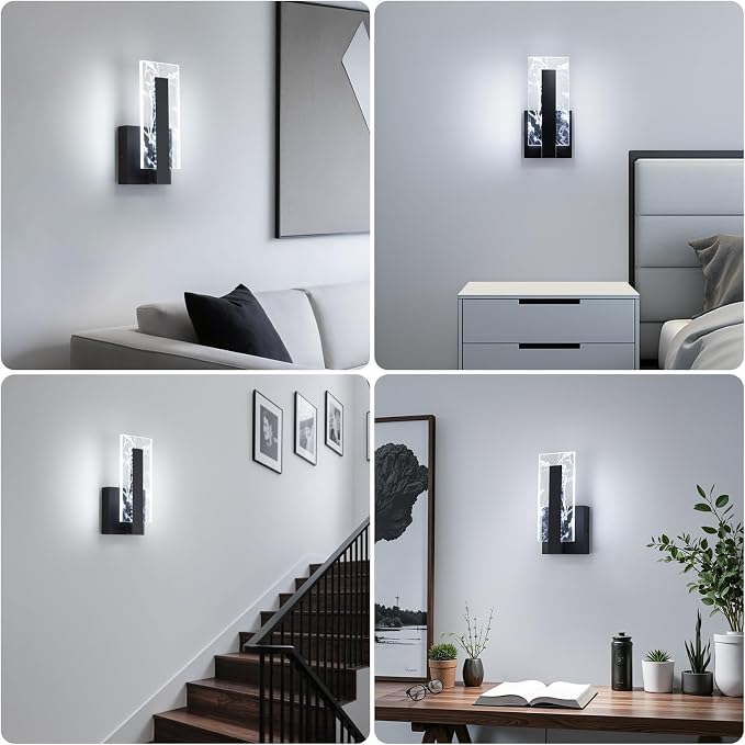 Modern LED Acrylic Black Wall Sconce, 6000K Cool White Bathroom Wall Sconces Set of 2, Hardwired Wall Mount Light Fixtures, 8W Indoor Wall Light Fixtures for Living Room Corridor Bedside