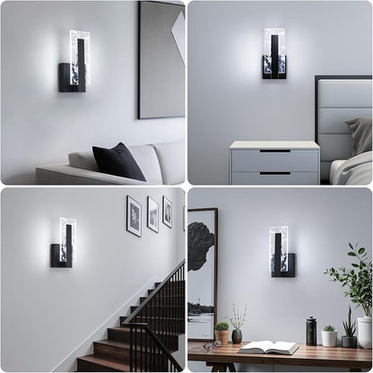 Modern LED Acrylic Black Wall Sconce, 6000K Cool White Bathroom Wall Sconces Set of 2, Hardwired Wall Mount Light Fixtures, 8W Indoor Wall Light Fixtures for Living Room Corridor Bedside