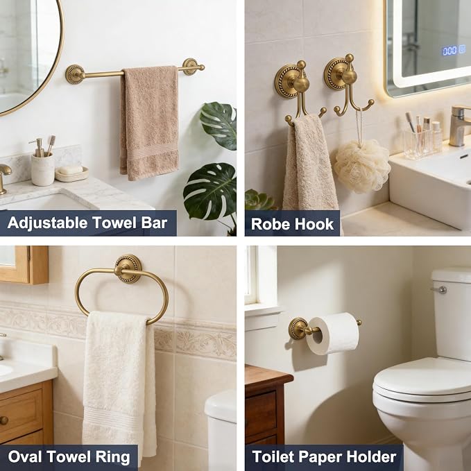 Antique Brass 4-Piece Bathroom Hardware Set Adjustable Towel Bar 13-24" | Vintage Gold Towel Bar, Oval Towel Ring, Toilet Paper Holder, Robe Hook, Towel Racks for Bathroom Wall Mounted Accessories