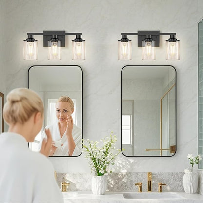 L LOHAS LED 3-Light Bathroom Vanity Light, Black | Clear Glass Shades; Modern Bathroom Lighting Fixture for Living Rooms and Hallways