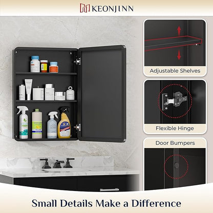 Keonjinn 20 x 32 Inch Black Mirrored Medicine Cabinet, Recessed Medicine Cabinets for Bathroom, Black Stainless Steel Framed, Stepless Adjustable Shelves, in Wall or Surface Mount, Sturdy & Heavy