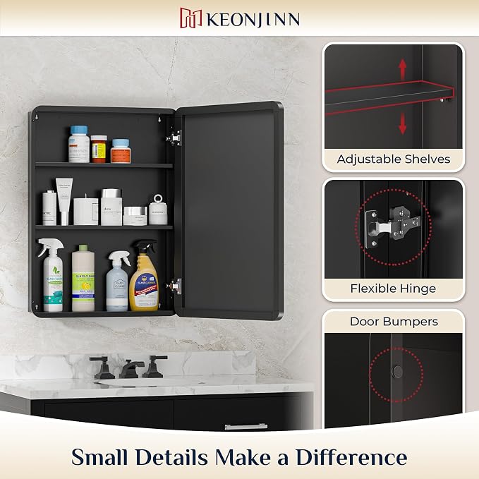 Keonjinn 60"x32" Black Recessed Medicine Cabinet with Mirror, Oversized | Stainless Steel Framed, Adjustable Shelves, In Wall or Surface Mount, Soft Close DTC Hinge, 3 Doors Bathroom Medicine Cabinet