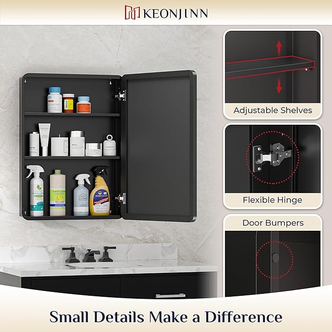 Keonjinn 15 x 36 Inch Black Slim Medicine Cabinets, Narrow Bathroom Side Medicine Cabinet with Mirror, Stainless Steel Framed, Adjustable Shelves, Recessed or Wall Mount, Modern Farmhouse