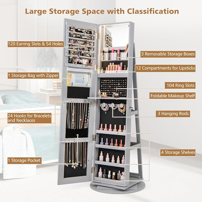 CHARMAID 360° Swivel Jewelry Armoire with Full Length Mirror, Rear Storage Shelves, Lockable Standing Jewelry Cabinet Organizer with Interior Vanity Mirror and 3-Color Lights (Gray)