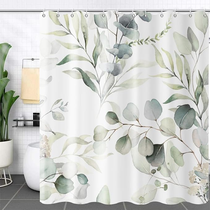 Eucalyptus Leaf Shower Curtains, Sage Green Spring Botanical Watercolor Plants Bathroom Curtains Bathtub Home Decor Waterproof Fabric Machine Washable with 12 PCS Hooks
