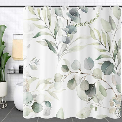 Eucalyptus Leaf Shower Curtains, Sage Green Spring Botanical Watercolor Plants Bathroom Curtains Bathtub Home Decor Waterproof Fabric Machine Washable with 12 PCS Hooks 96 Lx72 W GCI-10300
