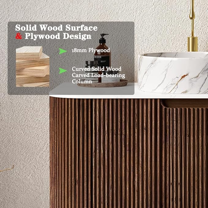 36'' Bathroom Vanities Cabinet with Sink Combo, Wall Mounted Floating Cabinet W/Curved Edges Stripes, Oak Plywood, Soft-close System with a Drawer, White Round Ceramic Basin - Kiel, Dark Walnut/S