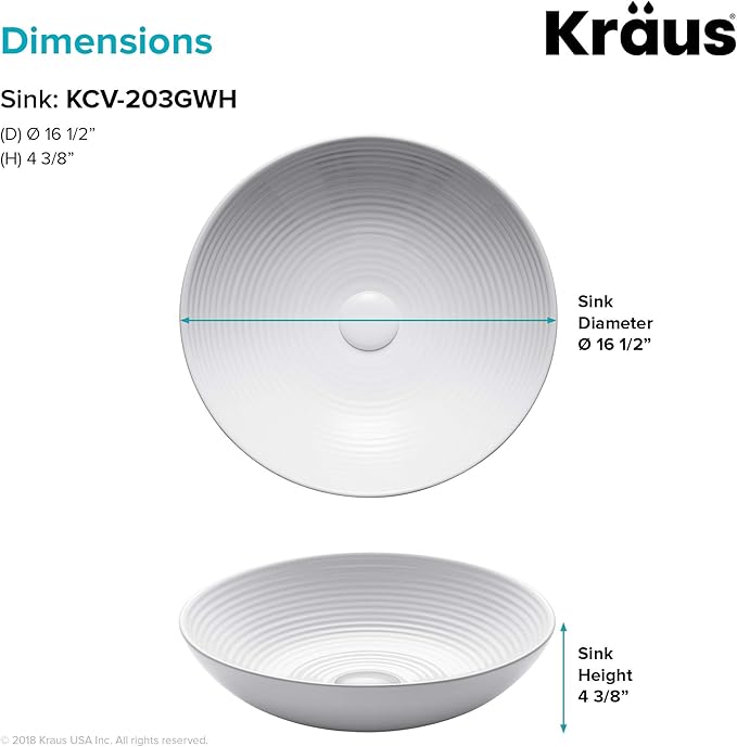 KRAUS Viva™ Round White Porcelain Ceramic Vessel Bathroom Sink, 16 1/2 in. D x 4 3/8 in. H, KCV-203GWH