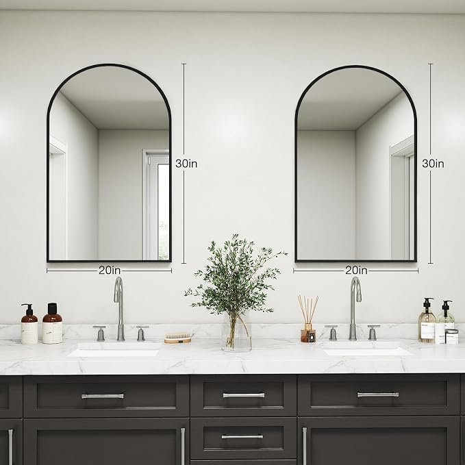 NEWBULIG 20X30 Inch Arched Bathroom Wall Mirror for Over Sink, Black | Wall Vanity Mirror with Tempered Glass, Anti-Rust Arched Metal Framed, Hanging or Leaning, Farmhouse Home Decor
