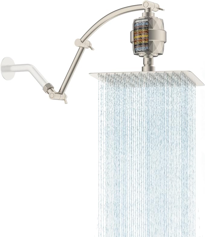 Hibbent 10'' Filtered Rain Shower Head, 16'' Extension Arm, Brushed Nickel | High Pressure Rainfall Showerhead, Brass Adjustable Shower Head Extension Arm, 20 Stage Shower Filter, Fixed Showerheads
