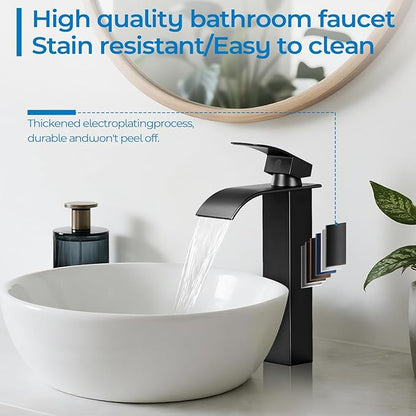 Black Bathroom Faucets, Tall Waterfall Bathroom Sink Faucet Modern Single Handle Bathroom Faucte 1 Hole, Tall Spout Vessel Faucet Mixer Tap Washbasin Faucet with Pop-up Drain, Supply Hoses