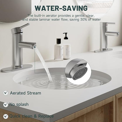 2 Pack Bathroom Faucet for 1 or 3 Holes, Brushed Nickel, Brass | Single Handle Bathroom Sink Faucets, Modern Commercial Lavatory Vanity Faucet,with Deck Plate and Supply Line, Pop Up Drain