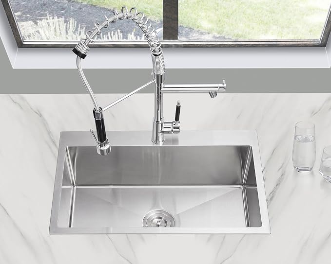 28"x18" Drop-In Kitchen Sink 304 Stainless Steel Brushed | 28 inch Drop in Sink | 304 SS Handmade | Topmount | 9" Deep Bowl | Drain Kit Included | Family Kitchen/Prep | Large Capacity