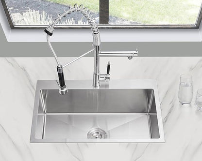 28"x18" Drop-In Kitchen Sink 304 Stainless Steel Brushed | 28 inch Drop in Sink | 304 SS Handmade | Topmount | 9" Deep Bowl | Drain Kit Included | Family Kitchen/Prep | Large Capacity