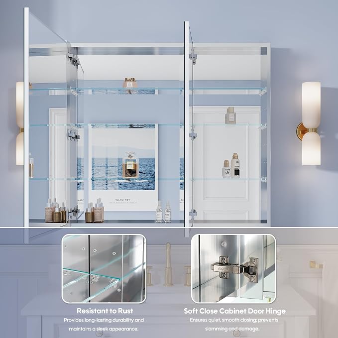 40" x 36" Bathroom Medicine Cabinet with Mirror, Anodized Chrome Aluminum Frame, Surface Mount or Recessed Medicine Cabinet with Mirror, Bathroom Mirror with Storage, Double Doors