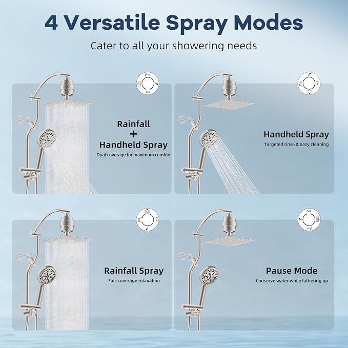 Hibbent 10'' Dual-Filter Metal Showerhead &10-Mode Handheld, Brushed Nickel | All Metal Stainless Steel Rain Showerhead, 4-way Diverter, Heightened All Metal Extension Arm, 71'' Hose & Holder, Easy Reach