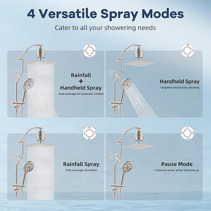 Hibbent 10'' Dual-Filter Metal Showerhead &10-Mode Handheld, Brushed Nickel | All Metal Stainless Steel Rain Showerhead, 4-way Diverter, Heightened All Metal Extension Arm, 71'' Hose & Holder, Easy Reach