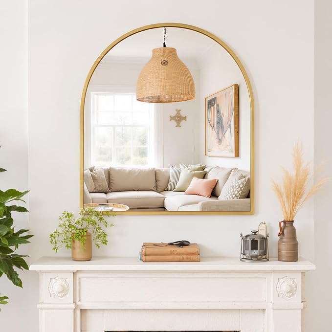 Arched Wall Mirror 32x31 Inch Gold Bathroom Vanity Mirror with Metal Frame | Modern Arch Mirror for Bedroom, Living Room, Entryway, Wall Mounted Decorative Mirror