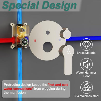 Shower Faucet Set 12IN Brass Rough-In Valve Body Trim Kit Rainfall Included Handle Accessories Complete 2 Functions with Rain Head and Handheld Bathroom Systems (12'', Brushed Nickel)