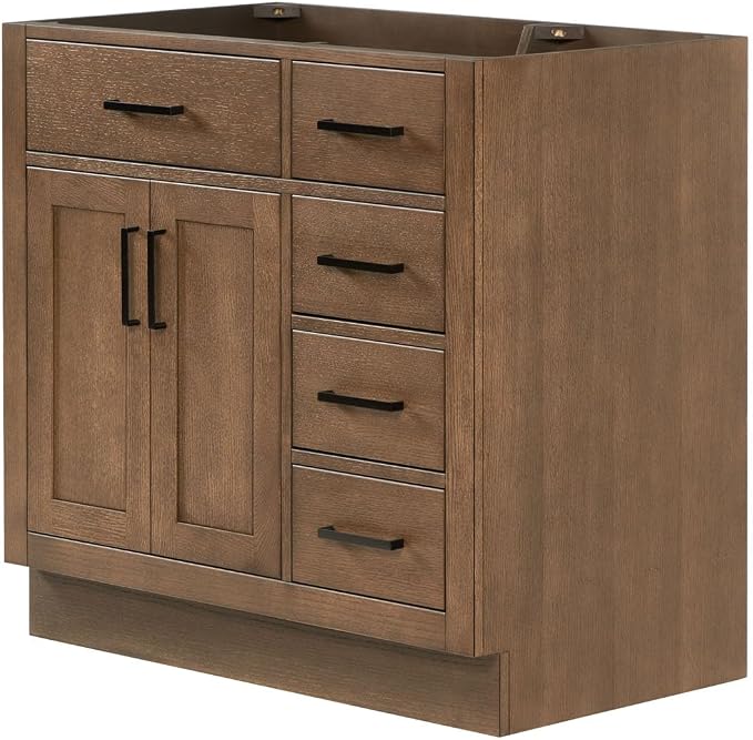 ARIEL Hepburn 36-inch Bathroom Vanity Base Cabinet,Solid Wood, 2 Soft Closing Doors, 5 Dovetail Drawers, Brown Oak