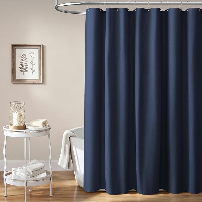 72x90 Linen Textured Waterproof Fabric Shower Curtain Set, Navy Blue | Long Size, 230GSM Polyester, Heavy Duty Cloth, Weighted Hem, 12 Plastic Hooks, Modern Luxury Hotel Style, Machine Washable
