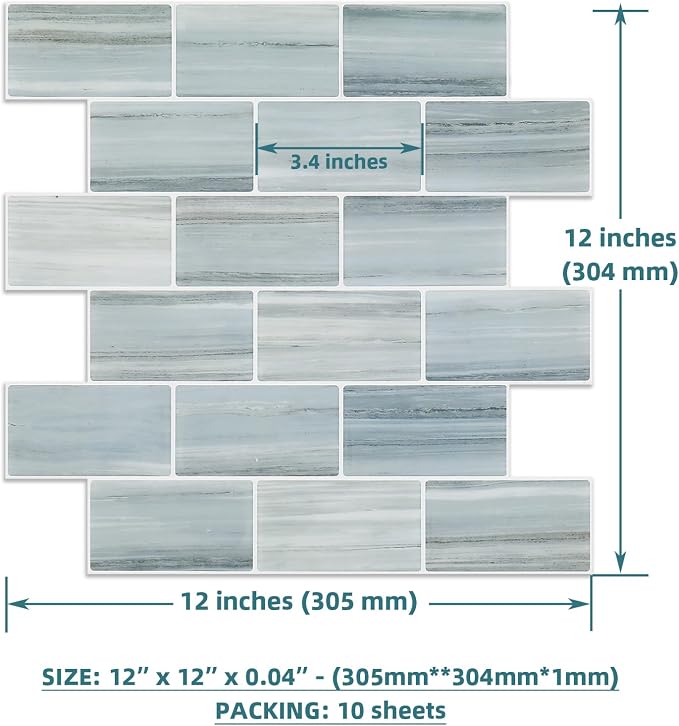 Tilingview 10PCS Peel and Stick Backsplash for Kitchen, Self-Adhesive Vinyl Gel Subway Tile, Wall Tile for Home Decoration (Blue Gray Subway)