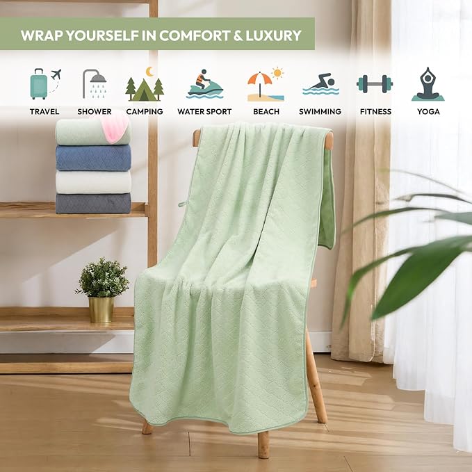 JML Microfiber Bath Towels, 2 Pack, 27x55 in, Light Green | Soft, Super Absorbent, Quick Dry, Lint-Free, Lightweight Bathroom Towel with Hanging Loop for Daily Use