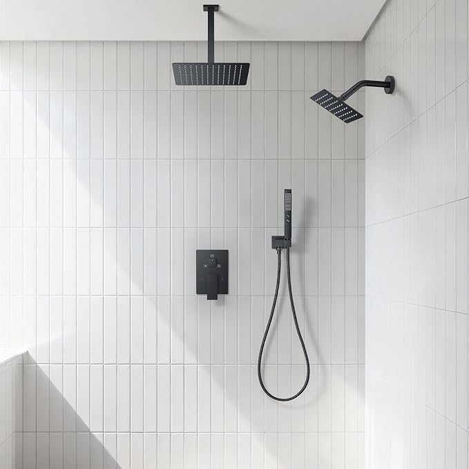 Rain Shower System 12" & 6" Dual Shower Heads Ceiling Shower Faucet Set | Ideal for bathroom remodels and upgrades with 12" rain shower, 6" angled shower, handheld spray and complete valve kit.