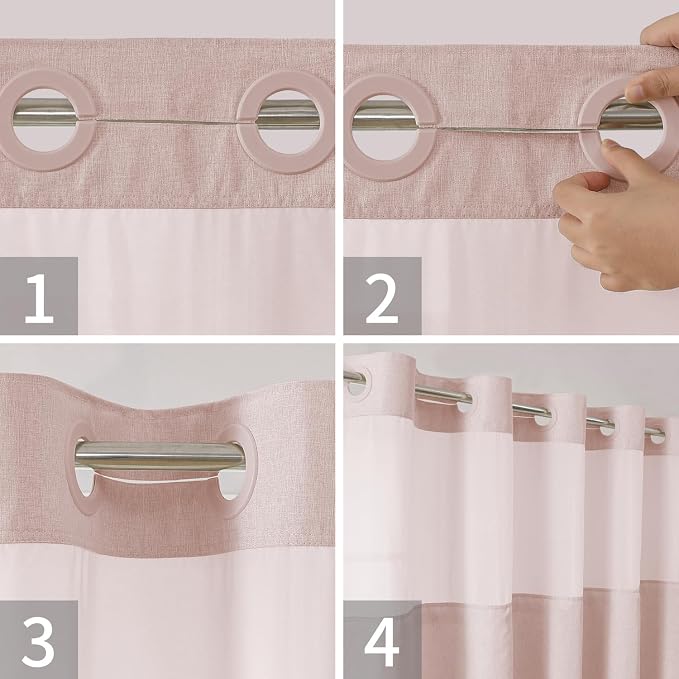 eachope No Hook Linen Texture Shower Curtain with Snap-in Liner,71x80 Blush | 230GSM Thick Fabric,Hotel Luxury Decor,Mesh Top Window,Magnetic Weighted Hem,Waterproof & Machine Washable,for Bathroom