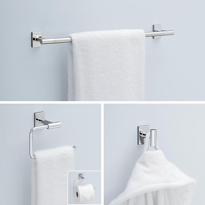 Franklin Brass Hartwell 3-Piece Bathroom Set Polished Chrome 18" + 6" Towel Rack, Toilet Paper Holder/Hand Towel Holder, Hook | 3-Piece Bath Hardware Accessories Set HRT63-PC