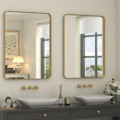 2 Pack of 22x30 Inch Gold Bathroom Mirror Metal Frame | Rounded Rectangle Gold Framed Mirror, Gold Brass Bathroom Vanity Mirror, Anti-Rust, Hangs Horizontally or Vertically