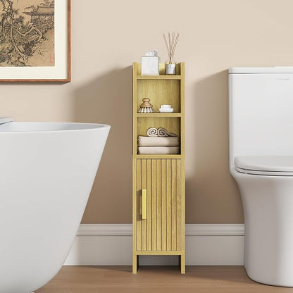 Small Bathroom Storage Corner Floor Cabinet Narrow Toilet Paper Cabinet with Adjustable Shelves Wooden Slim Bathroom Organizers and Storage with Fluted Door for Small Spaces, Wood