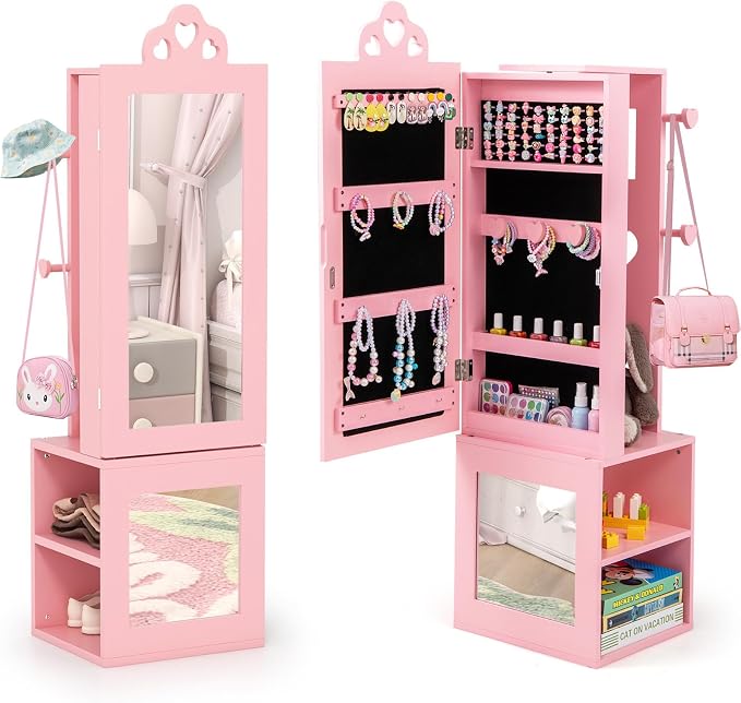 CHARMAID Kids Jewelry Cabinet Armoire, 47" Full Length Mirror, Coat Rack, Back Storage Shelves, Standing Vanity Dressing Mirror for Girls, Kids Jewelry Organizer (Pink)