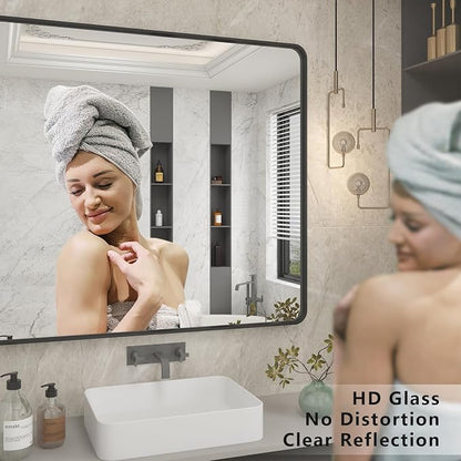 44x32 Inch Black Metal Framed Bathrrom Mirror for Wall | Rounded Rectangle, Matte Black Bathroom Vanity Mirror, Anti-Rust, Tempered Glass, Hangs Horizontally or Vertically