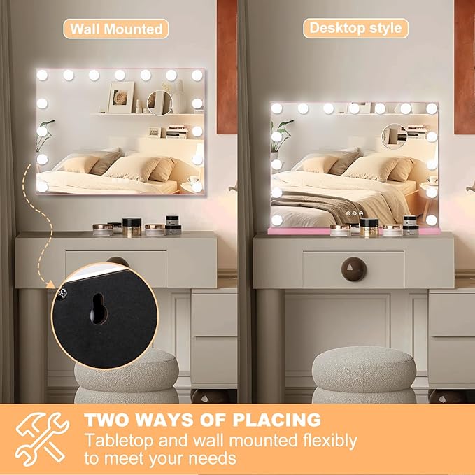 Moonee Pink Vanity Mirror with Lights, Hollywood Lighted Makeup Mirror with 15 Dimmable Bulbs and 10X Magnification, 3 Colors Modes, Aluminum Metal Frame, Light Up Mirror for Tabletop/Wall（23" x 18"）