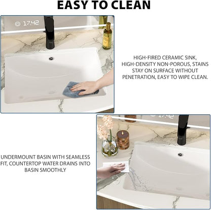 White Undermount Bathroom Sink 21.1"x15.1"Ceramic Basin | Modern Porcelain Under Counter Bathroom Vanity Sink, Interior Bowl 19.2"x 13.1", Rectangular Undermount Basin with Overflow
