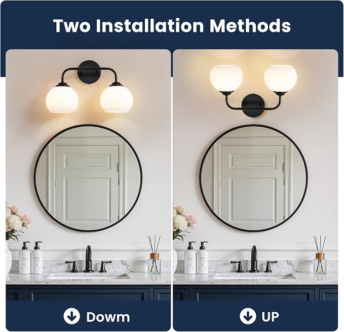 RUIYEY Bathroom Vanity Light Fixtures: 2-Light Black Bathroom Lighting Fixtures Over Mirror with Milky White Frosted Glass Shade, Farmhouse Modern Wall Light for Bathroom