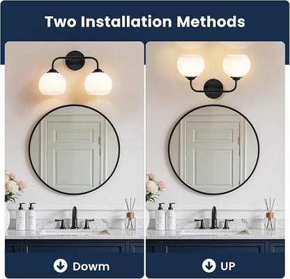 RUIYEY Bathroom Vanity Light Fixtures: 2-Light Black Bathroom Lighting Fixtures Over Mirror with Milky White Frosted Glass Shade, Farmhouse Modern Wall Light for Bathroom