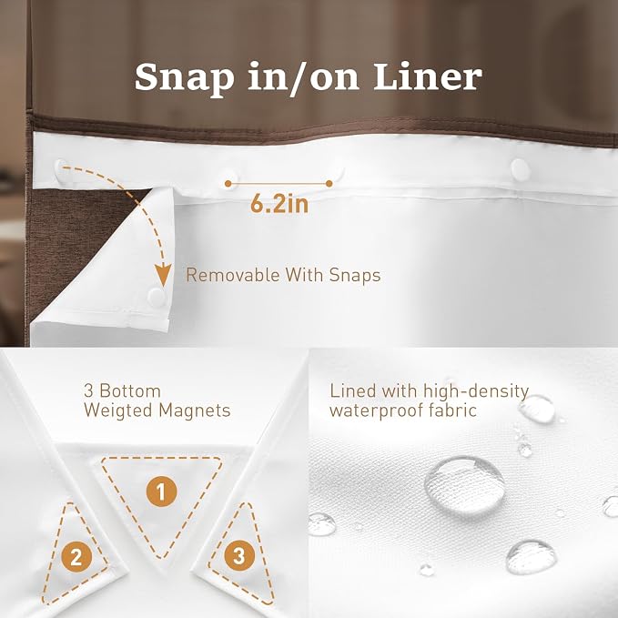 72x87 Ringless Linen Textured Shower Curtain with Snap in Liner, Brown | Extra Long Size, 3 in 1 Durable Fabric Shower Curtain, Removable Liner, Waterproof & Washable, Mesh Top Window, Easy Setup