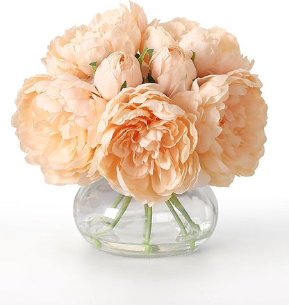 Artificial Peonies Flowers with Vase, Mixed Champagne Silk Peony Bouquet with Faux Water in Glass Vase, Lifelike Fake Peonies Floral Arrangement for Table Centerpiece, Wedding, Party, Home Decor