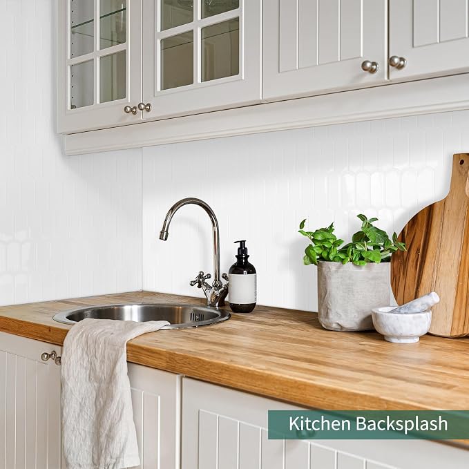 10-Sheet Upgraded Thicker Peel and Stick Kitchen Backsplash Tiles | Waterproof Self-Adhesive Vinyl Wall Tile Stick on Backsplash for Kitchen,Bathroom,Fireplace and RV(White,12"×12")