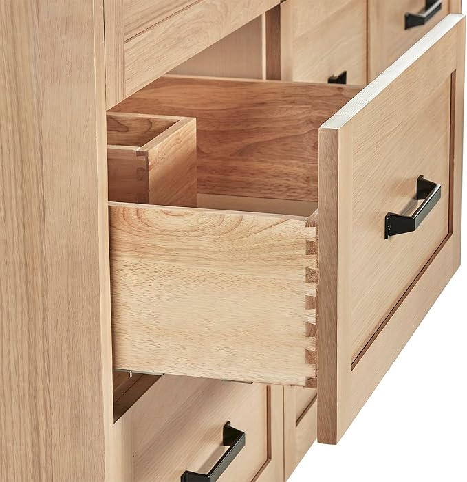 ARIEL Monroe 66-inch Bathroom Vanity with Sink,Solid Wood, 1.5-inch Pure White Quartz Countertop & Backsplash, Double Oval Porcelain Sink, 9 Dovetail Drawers, Matte Black, White Oak