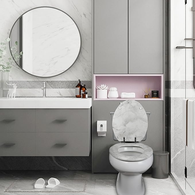 Angel Shield Marble Toilet Seat Durable Molded Wood with Quiet Close,Easy Clean，Quick-Release Hinges (Round,Gray Marble)
