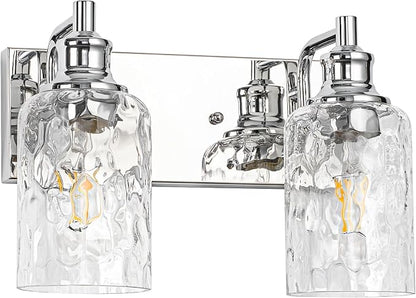 Bathroom Light Fixtures Over Mirror, 2 Lights Vanity Lights with Hammered Glass Shade, 12.7" Chrome Farmhouse Bathroom Light Fixtures for Bedroom, Porch, Hotel, Mirror Cabinet