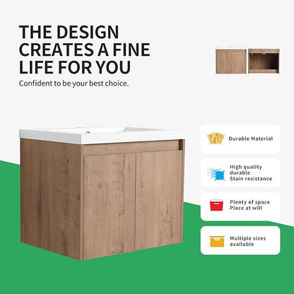 24'' Floating Bathroom Vanity with Sink, 24 Inch Wall-Mounted Single Sink Cabinet for Small Bathrooms, Soft-Close Doors & Vertical Storage, Space-Saving Design, Imitative Oak